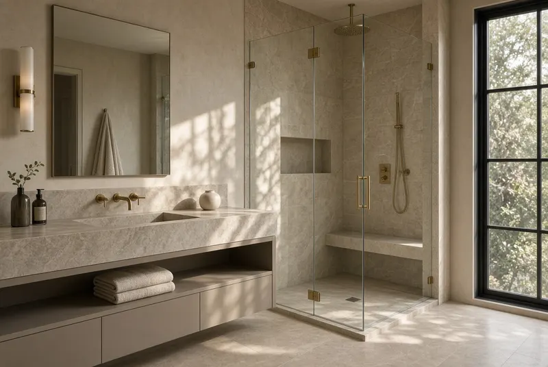 Stone ensuite with glass shower in soft daylight
