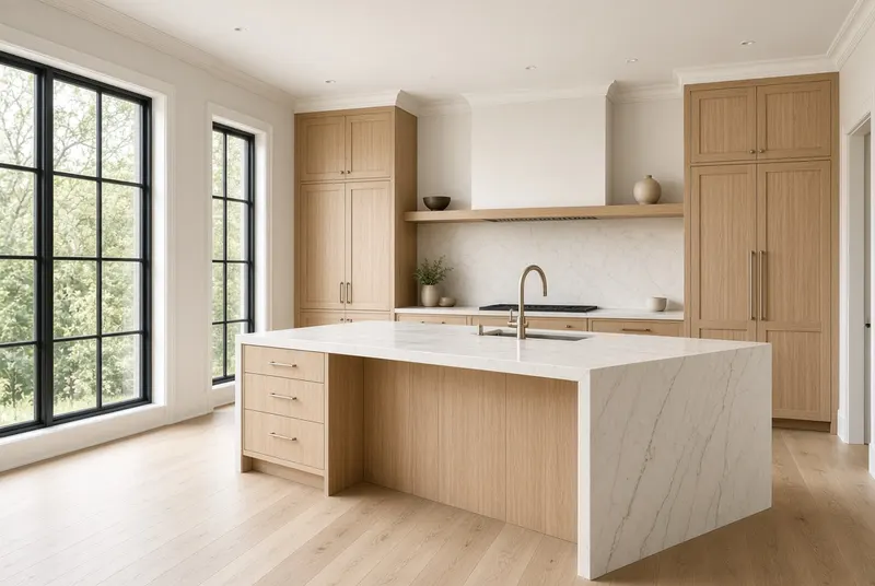 A finished custom kitchen with an oak island and stone counters, empty and bright
