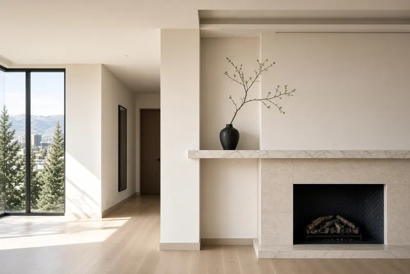 An empty living room in morning light, pale oak floors and a stone fireplace